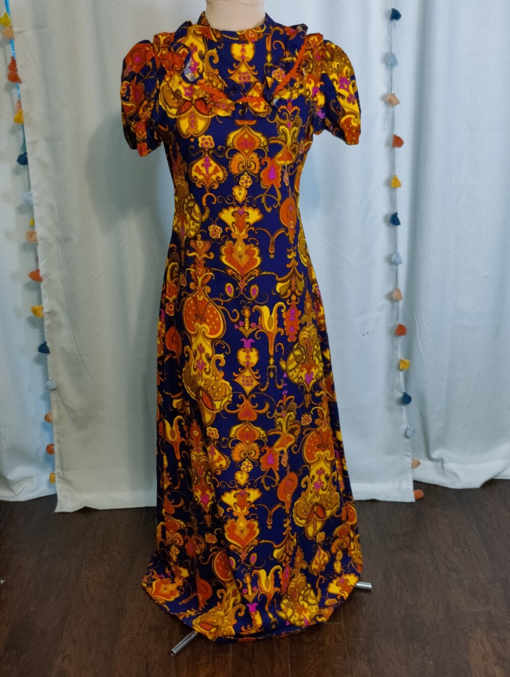 Vintage 70s Day Glow Neon Psychedelic Hearts Artisan Made Ruffle Maxi Dress SM